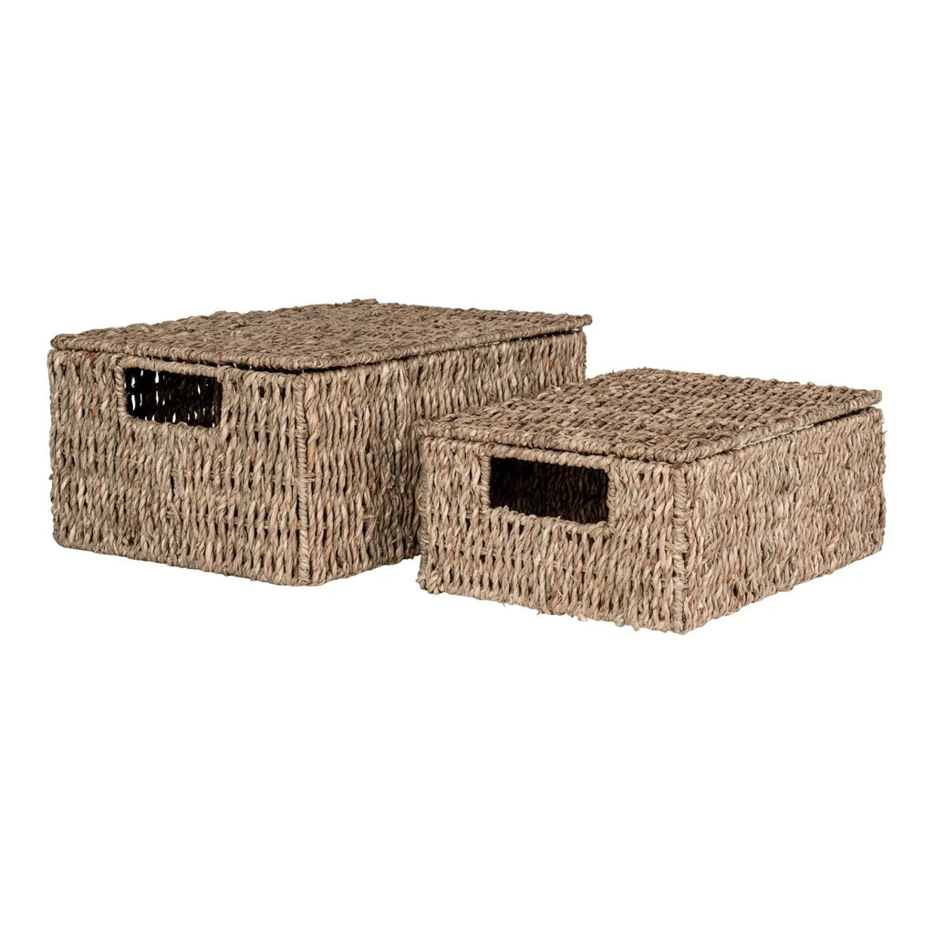 Deux paniers rectangulaires en fibres naturelles avec couvercle et poignées