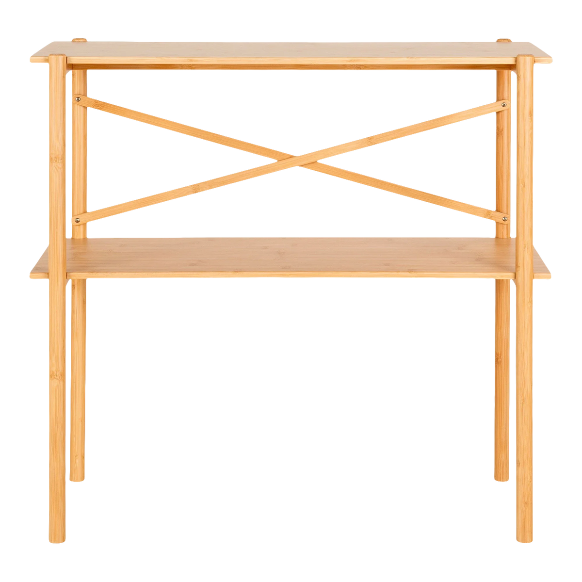 Console en bambou naturel avec deux étagères et structure croisée, 83x32 cm