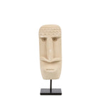Sculpture visage allongé crème en grès beige sculptée à la main sur support noir