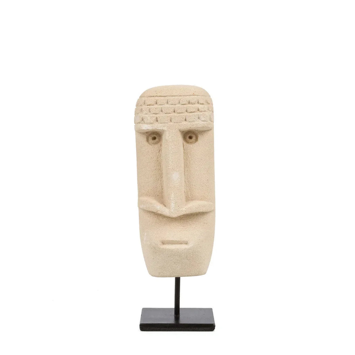 Sculpture visage allongé crème en grès beige sculptée à la main sur support noir