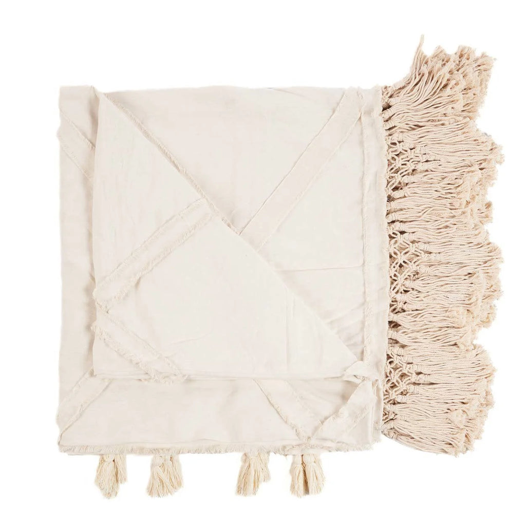 Plaid en coton écru avec franges et pompons, 240x300 cm, décoration chaleureuse