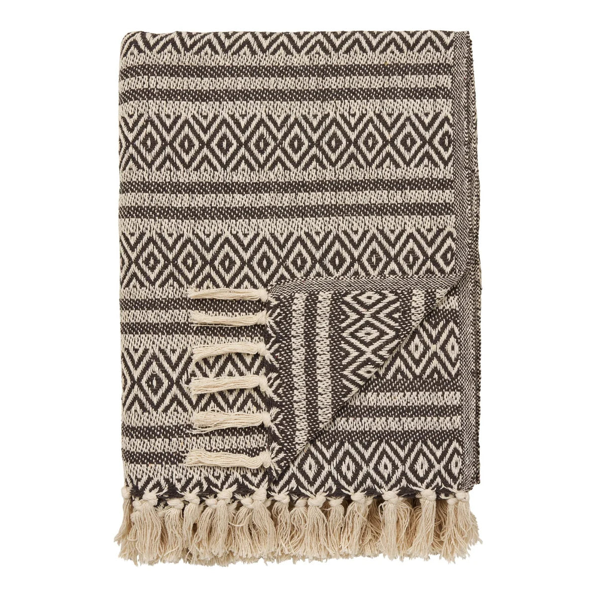 Couverture en coton recyclé beige et noir à motifs losanges avec franges