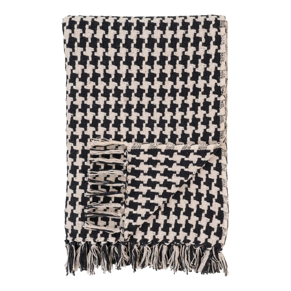 Couverture tissée pied-de-poule noir et blanc à franges