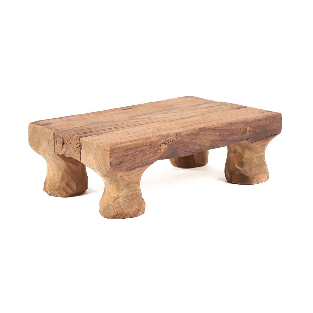Plateau en bois de teck massif rustique, grain naturel et pieds sculptés main