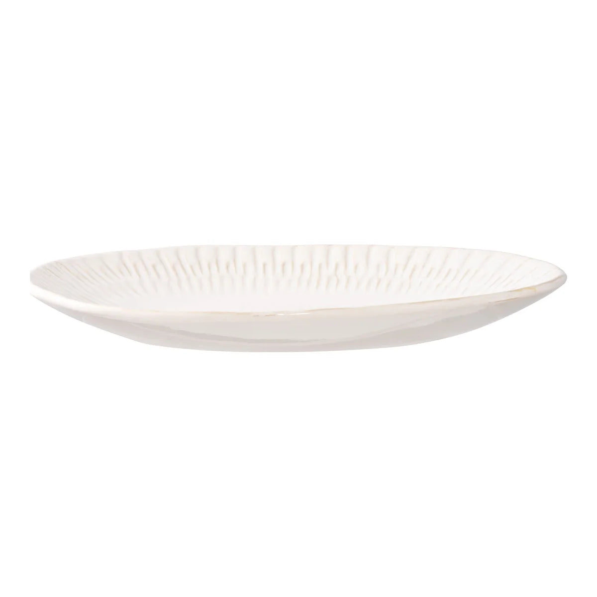Assiette ovale en céramique blanche striée, finition brillante texturée au bord
