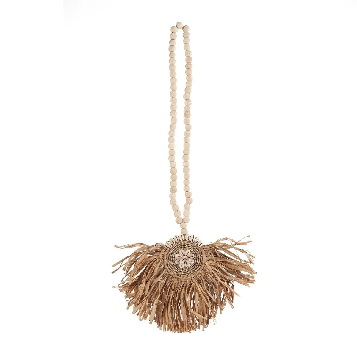 Pompon décoratif en raphia naturel avec coquillages et perles en bois