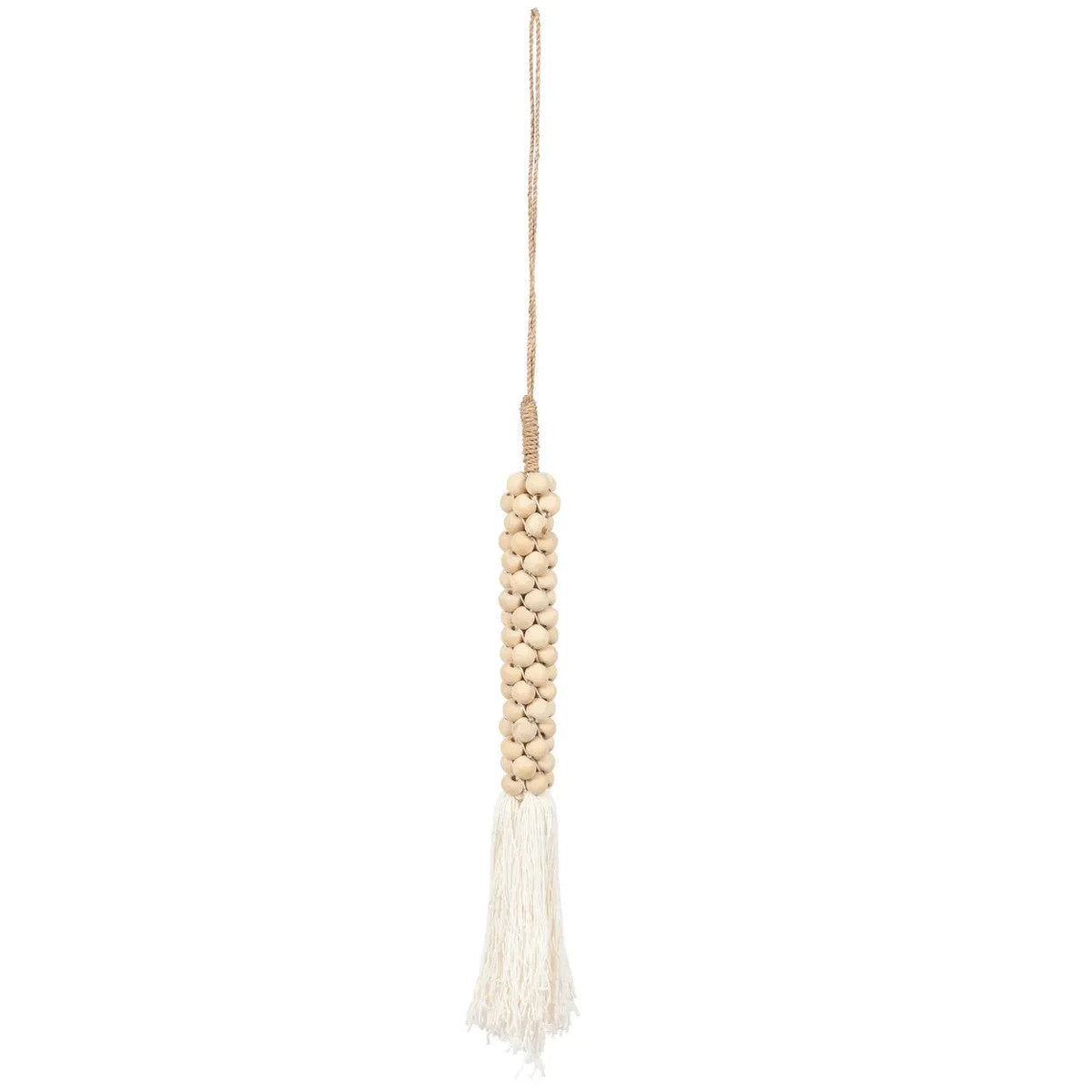Pompon suspendu en perles de bois, coton blanc naturel et macramé
