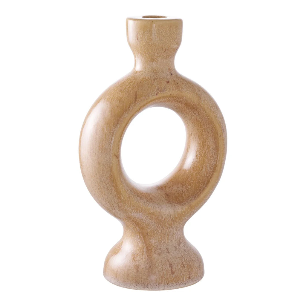 Porte-bougie en céramique marron 23 cm décoratif en bois lisse brun clair