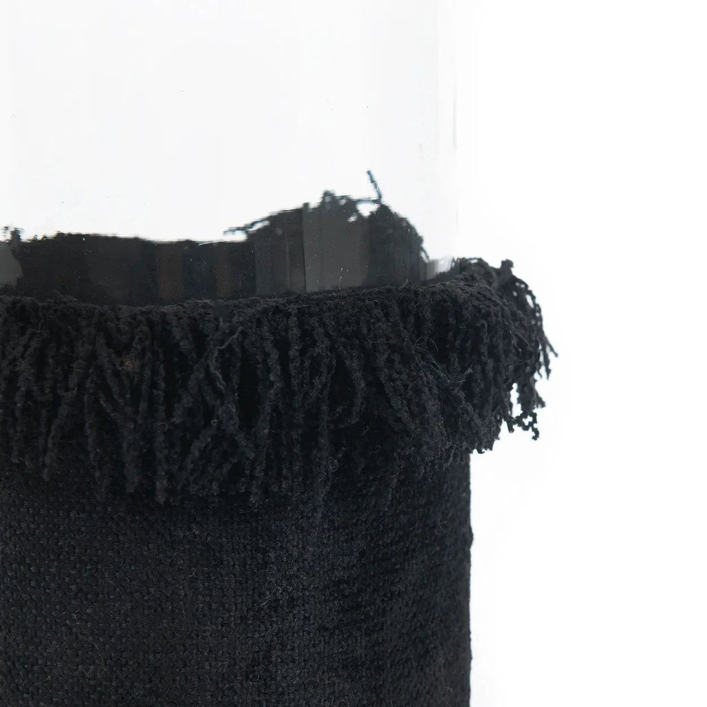 Porte-bougie en verre et velours noir avec franges