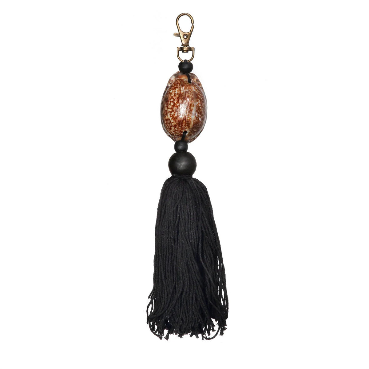 Porte-clés en bois et coquillage noir marron avec pompon déco