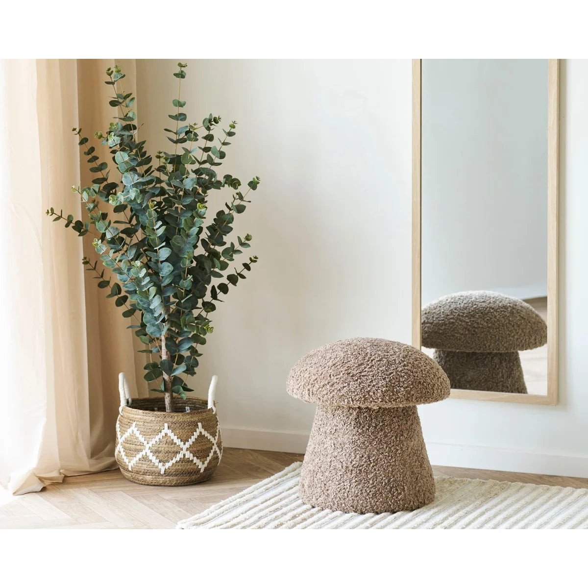 Tabouret pouf bouclé beige forme champignon cosy Ø45 cm