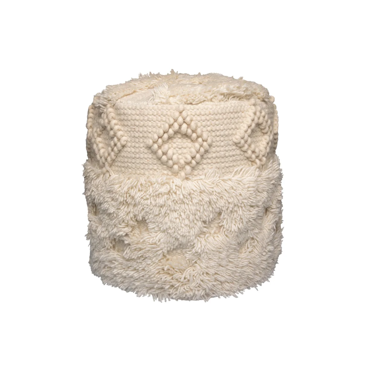 Pouf rond écru en laine et coton avec texture à motifs diamant et franges shaggy