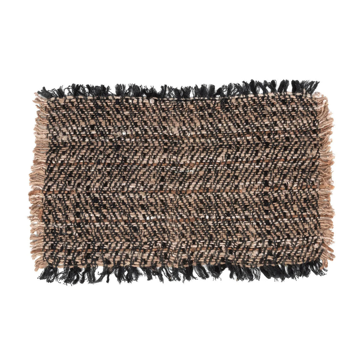 Set de table en coton gaufré noir cuivré avec franges, motif herringbone beige et marron