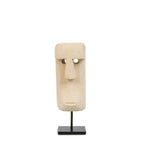 Masque en bois clair sur socle en métal noir, sculpture artisanale en grès beige