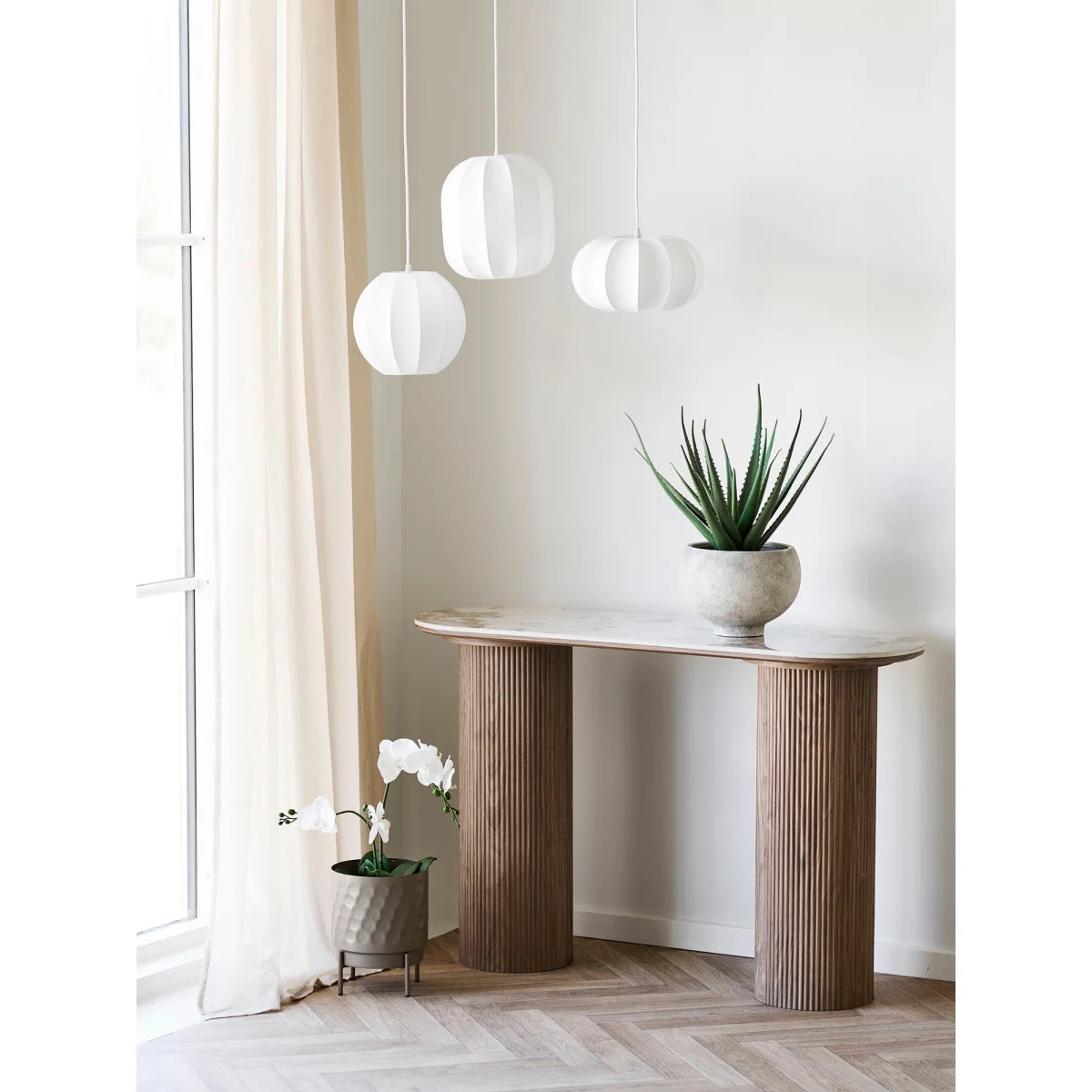 Table console moderne bois pieds cannelés marbre ovale Ø28 cm