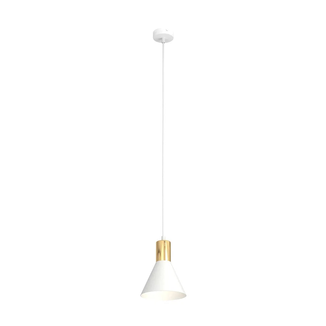 Suspension conique blanche en métal avec col doré, H140 cm