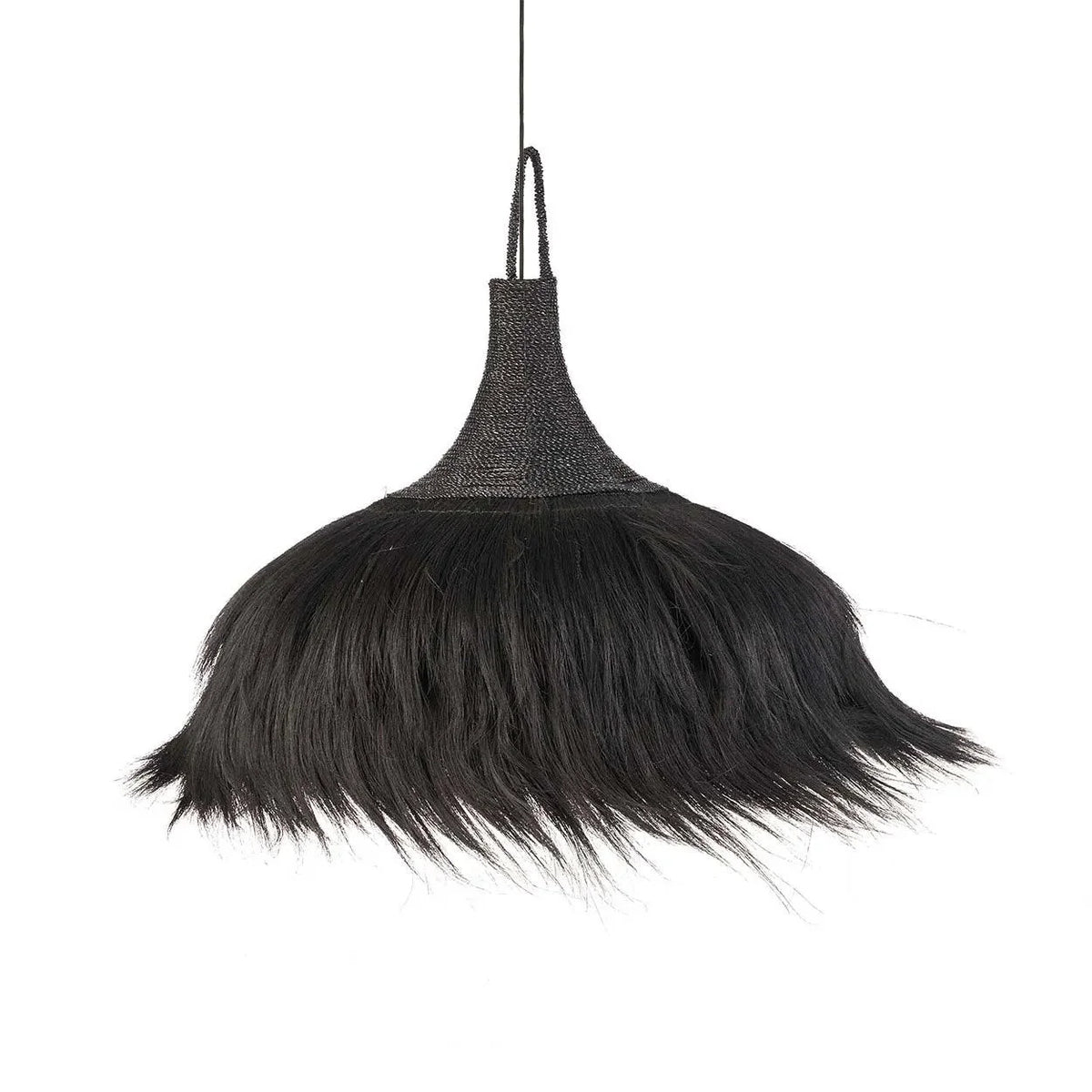 Suspension en herbe noire tressée avec franges bohèmes, Ø100 cm