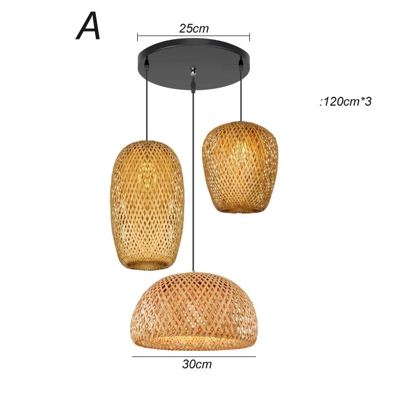 Suspension multiple modèle A en bambou avec trois abat-jours élégants