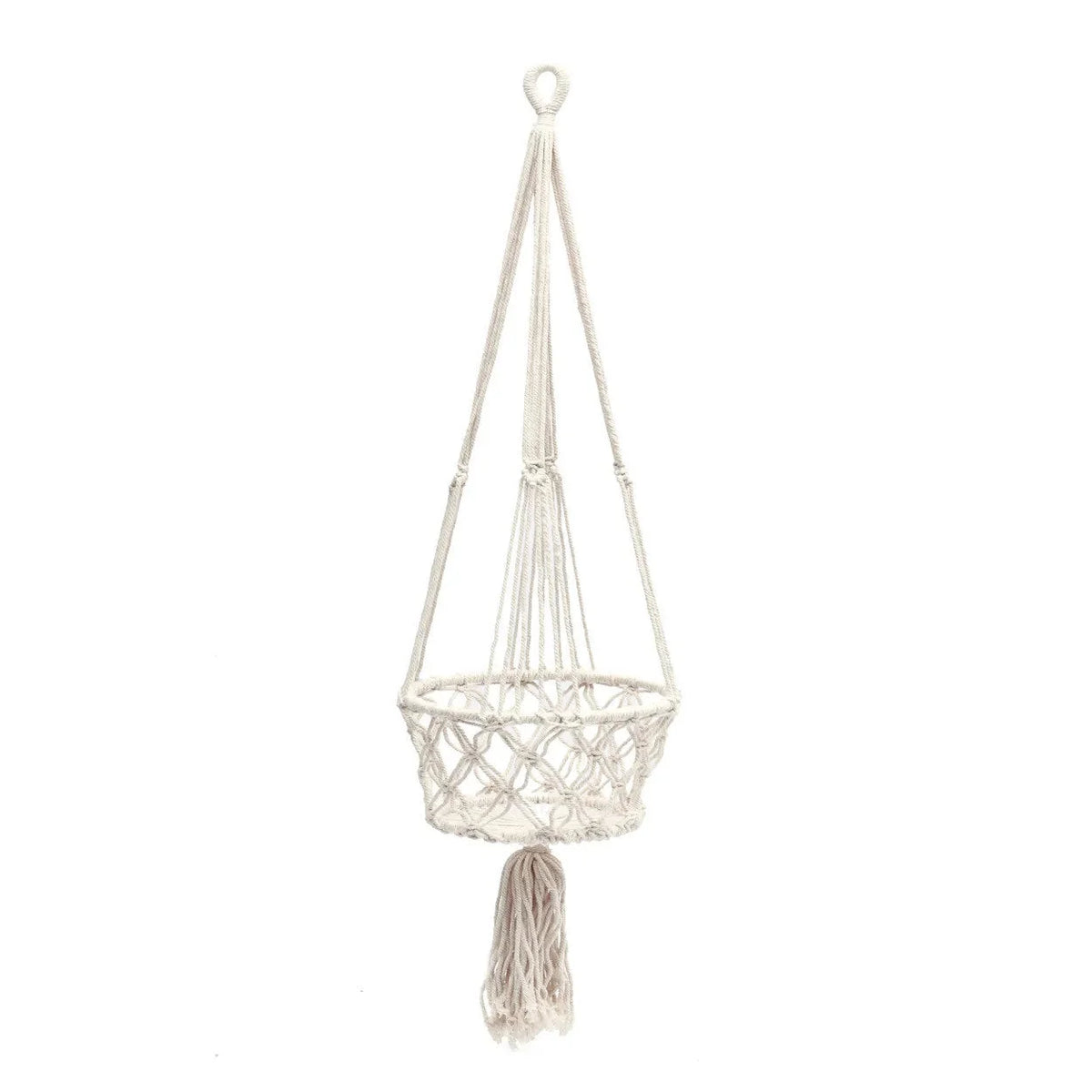 Suspension plante macramé en coton blanc cassé avec franges et tassel, H110 cm