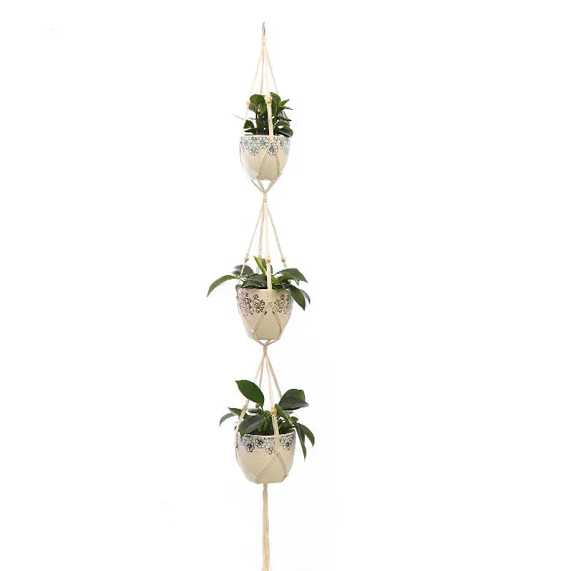 Support de plantes en macramé avec perles pour trois plantes suspendues