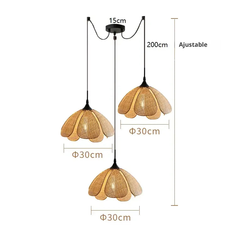 Suspension rotin 3 lampes à hauteur ajustable