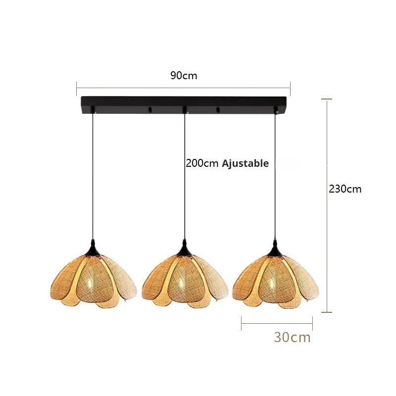 Suspension rotin à 3 lampes linéaires