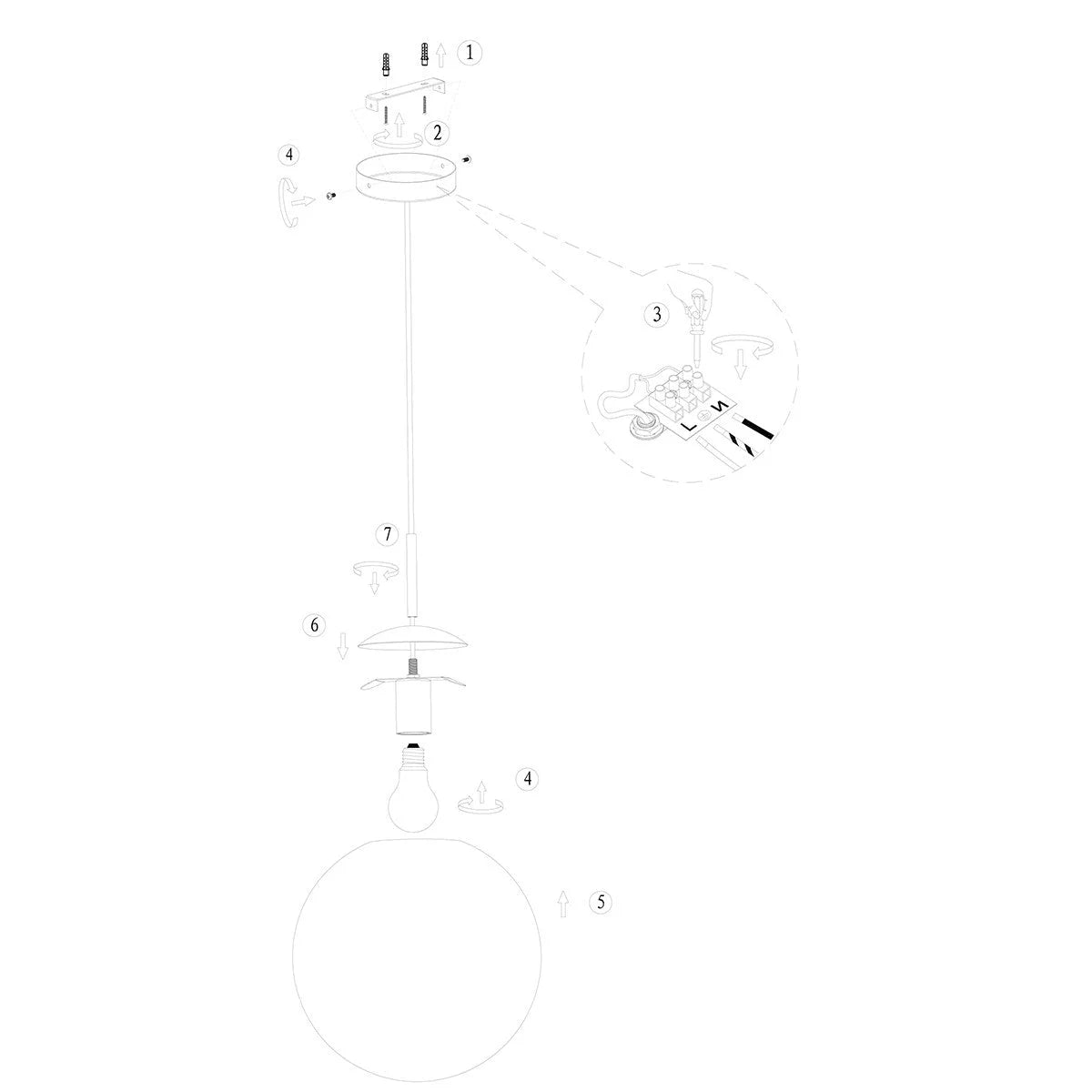 Vue éclatée du luminaire suspension en verre ambre et métal doré sphère Ø25 cm