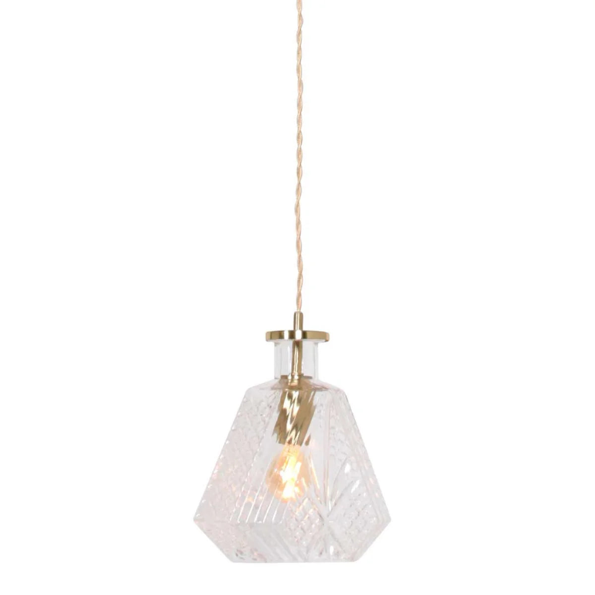 Suspension verre facetté et laiton doré avec câble torsadé, diamètre 18 cm
