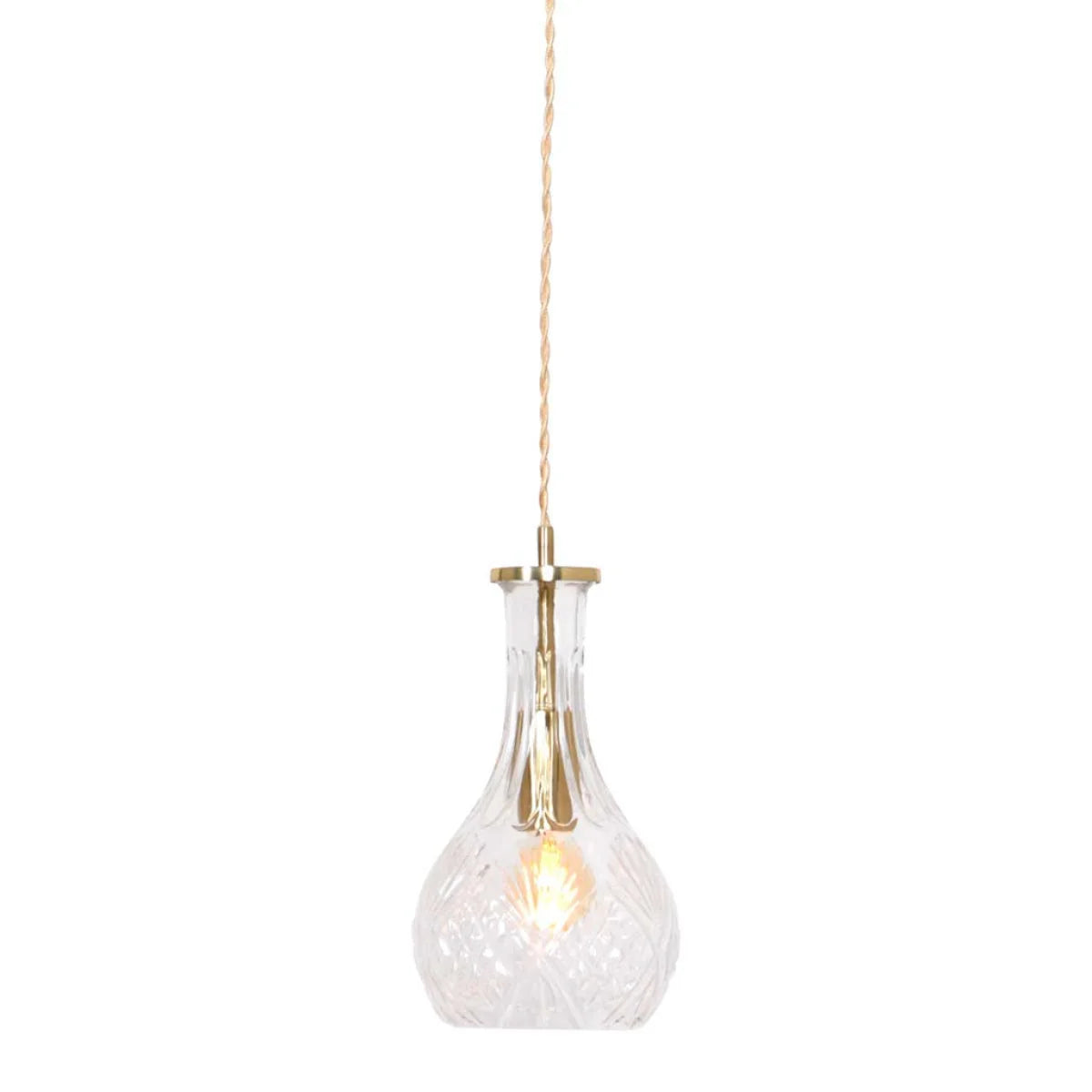 Suspension en verre taillé transparente avec abat-jour en forme de goutte et accents en laiton