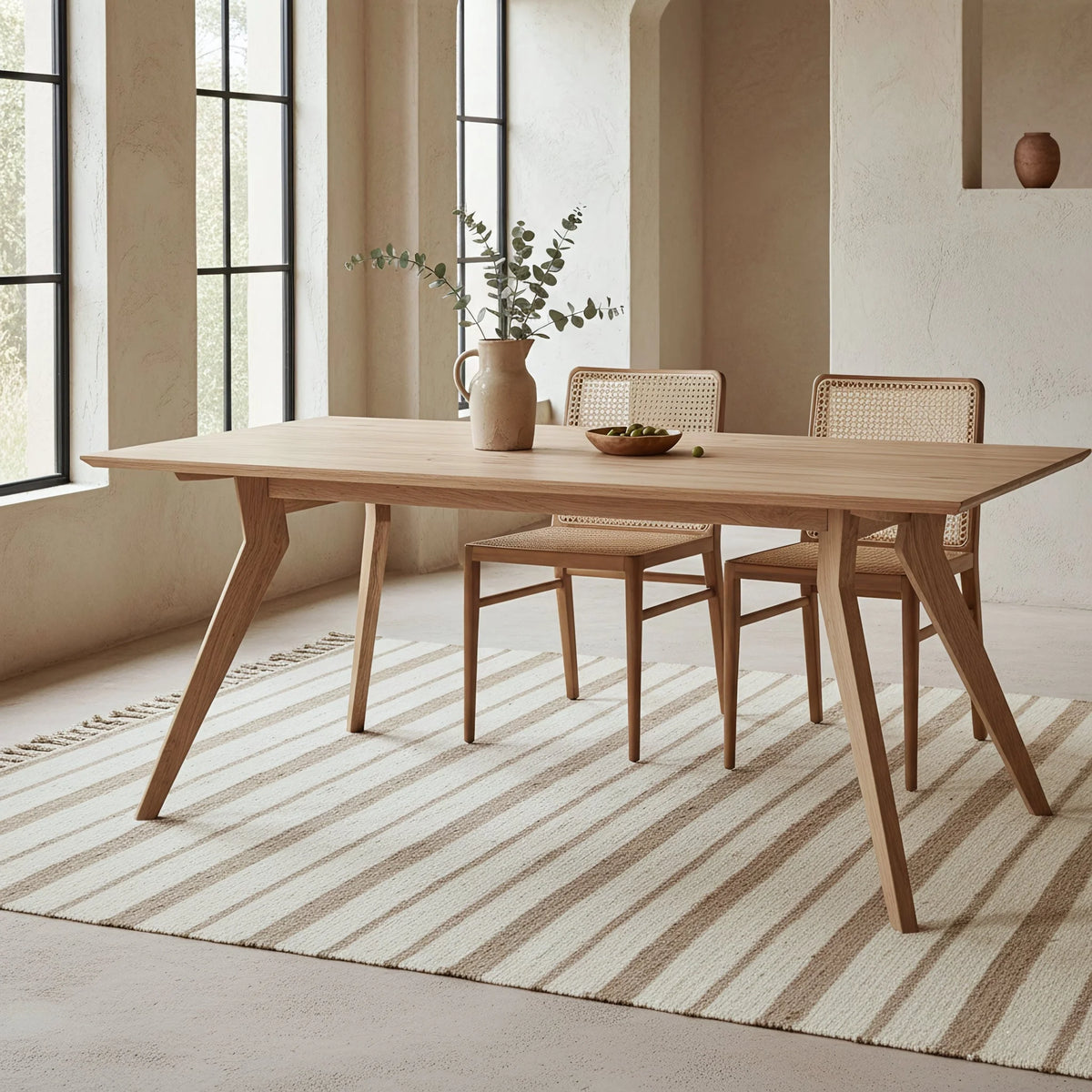 Table à manger en teck recyclé clair, pieds compas, 240x100 cm