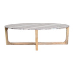 Table basse ovale en marbre gris clair et bois naturel, 120x60 cm
