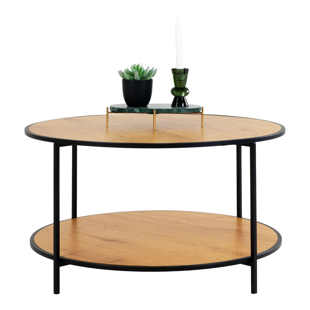Table basse ronde bois clair et métal noir Ø80 cm