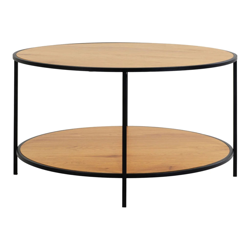 Table basse ronde en bois clair et métal noir Ø80 cm avec étagères circulaires