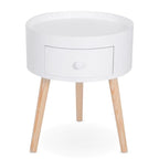  Table de chevet ronde scandinave blanche avec tiroir, idéale pour un style minimaliste.