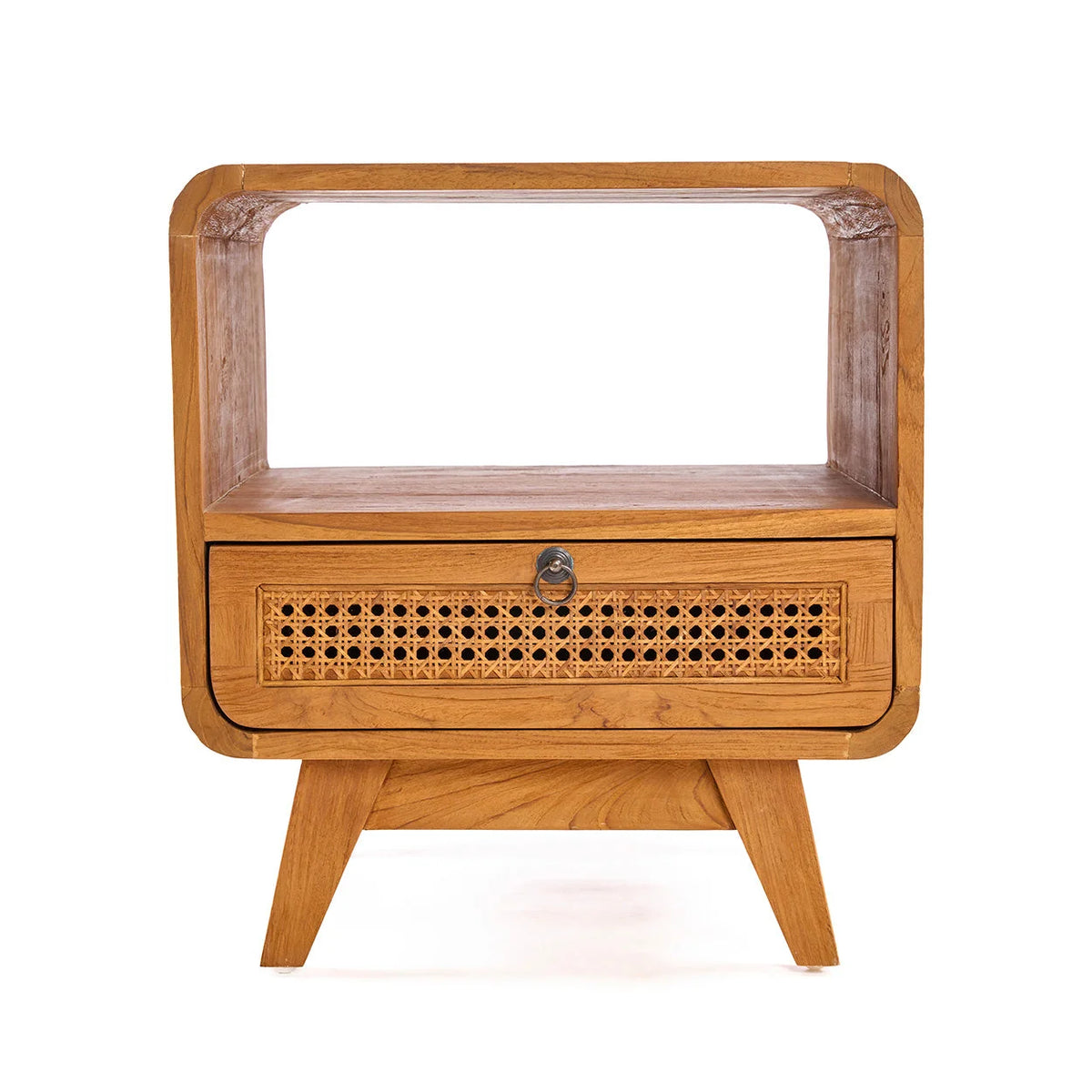 Table de chevet vintage en teck clair et rotin 50x50 cm