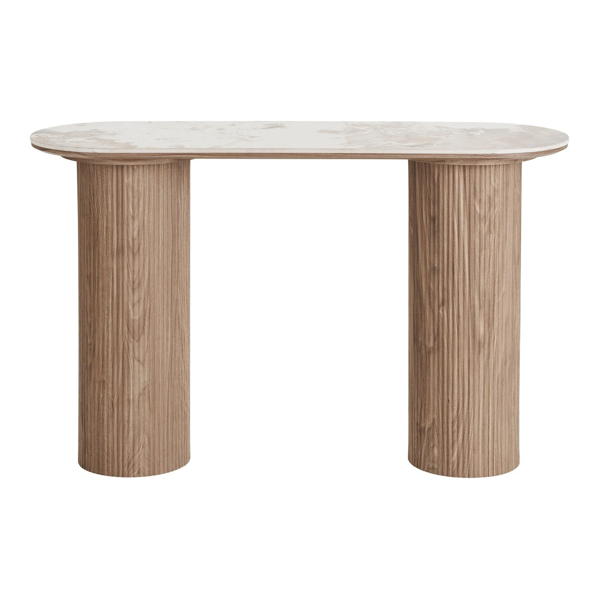 Table console marbre blanc pieds colonne bois strié 120x40 cm