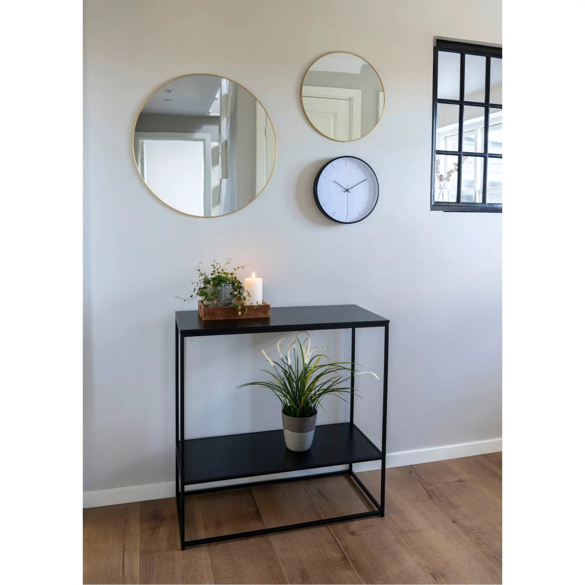 Table console noire en métal avec étagères rectangulaires 80x36 cm