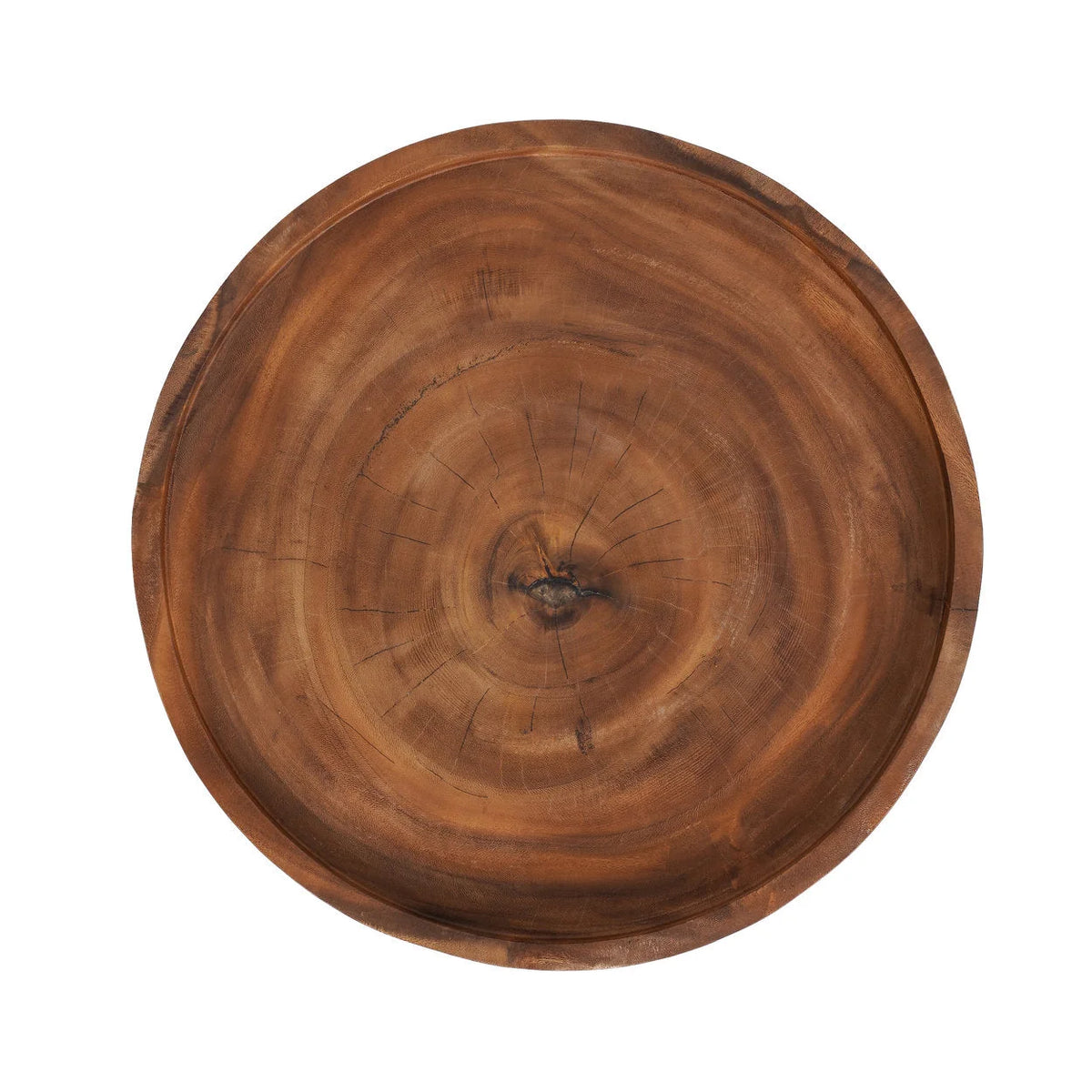 Plateau rond en bois de suar naturel avec grain visible et bords naturels