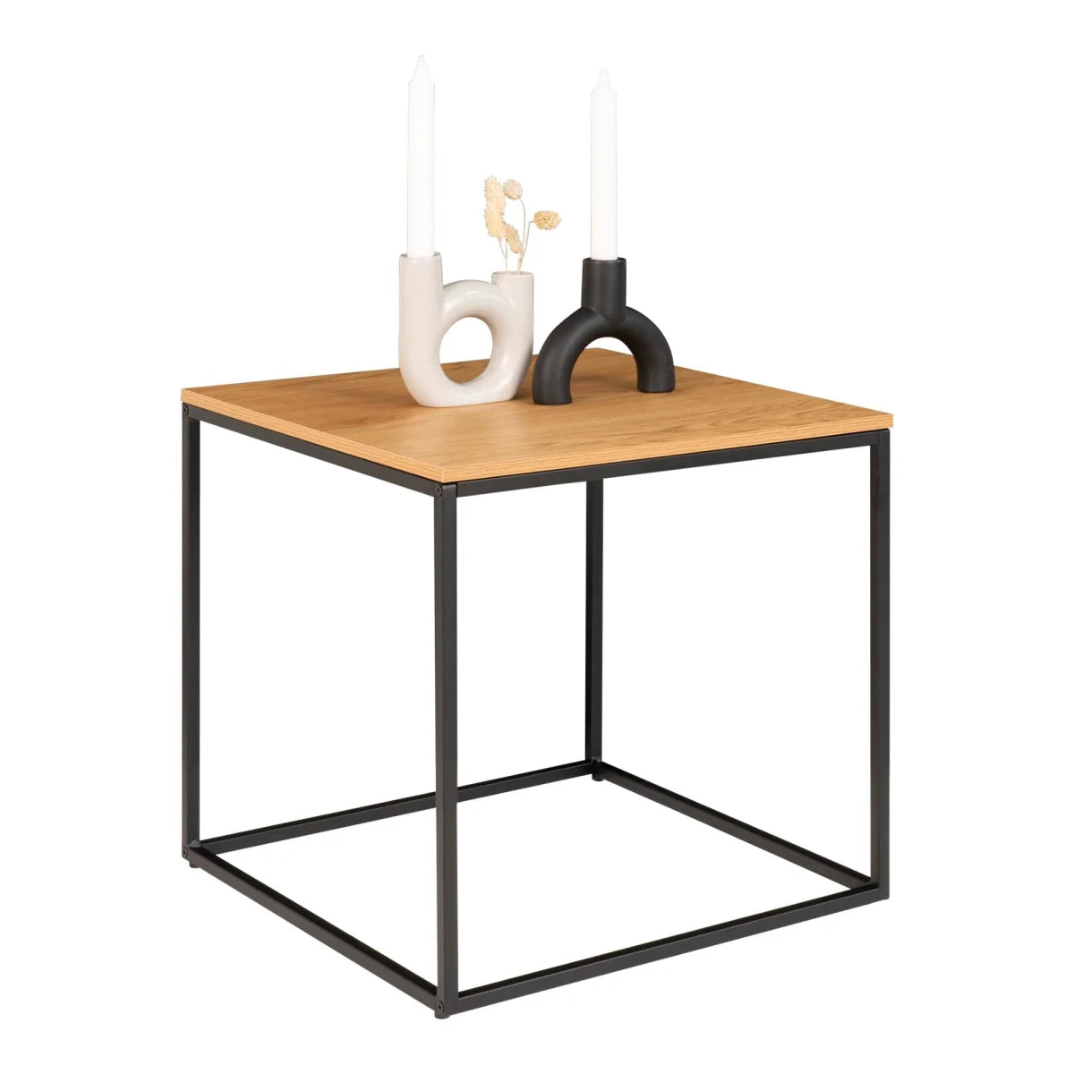 Table d’appoint moderne chêne clair 45x45 cm cadre acier noir