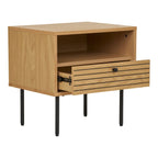 Table d’appoint moderne en chêne avec tiroir ajouré et pieds métal noir
