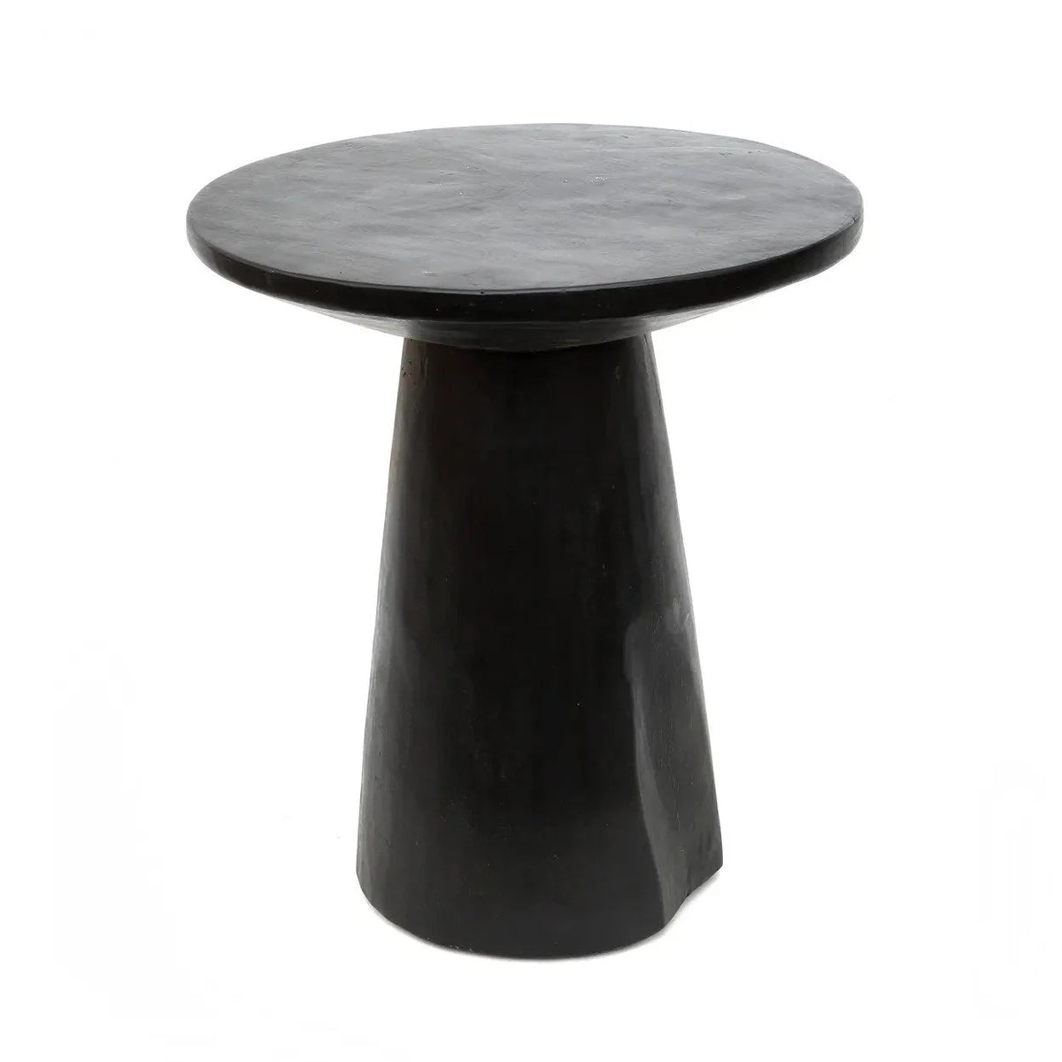 Table d’appoint conique en bois de Munggur noir avec plateau rond et base conique
