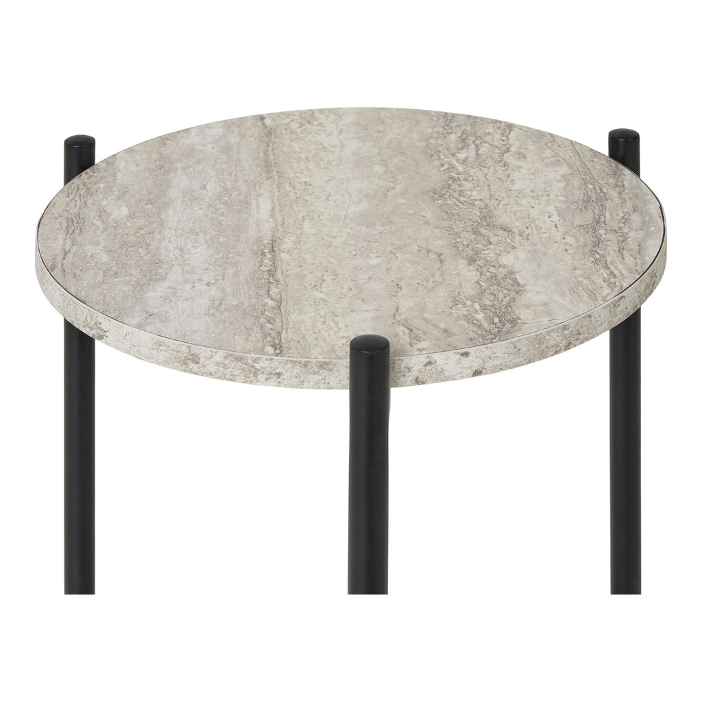 Table d’appoint circulaire en MDF aspect travertin et acier noir