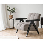 Fauteuil moderne en tweed beige-gris texturé, cadre bois noir