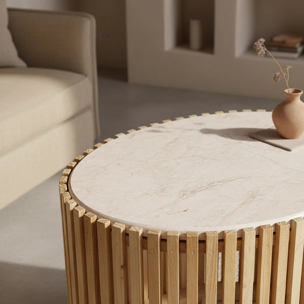 Table d’appoint ronde en bois clair et marbre blanc Ø42 cm