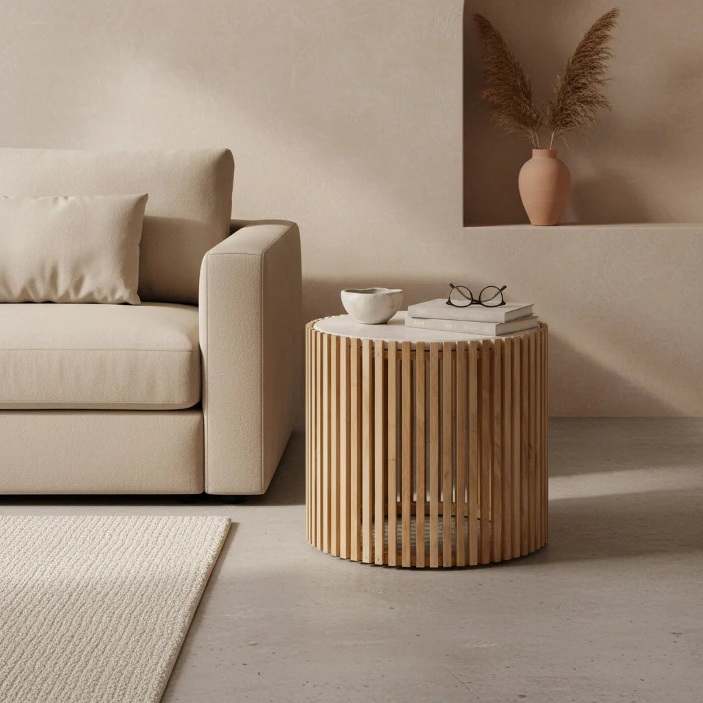 Table d’appoint ronde en bois clair et marbre blanc Ø42 cm