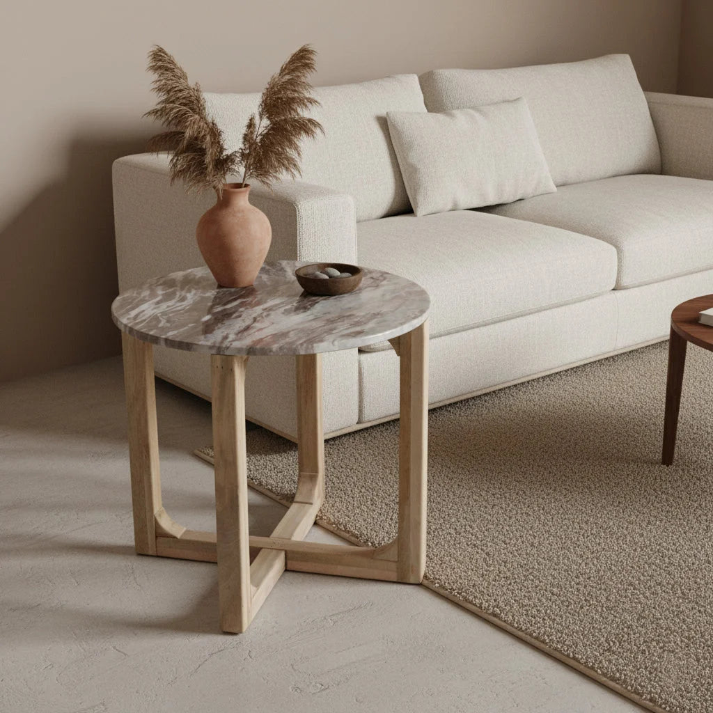 Table d’appoint ronde effet marbre blanc sur pieds bois clair, Ø50 cm
