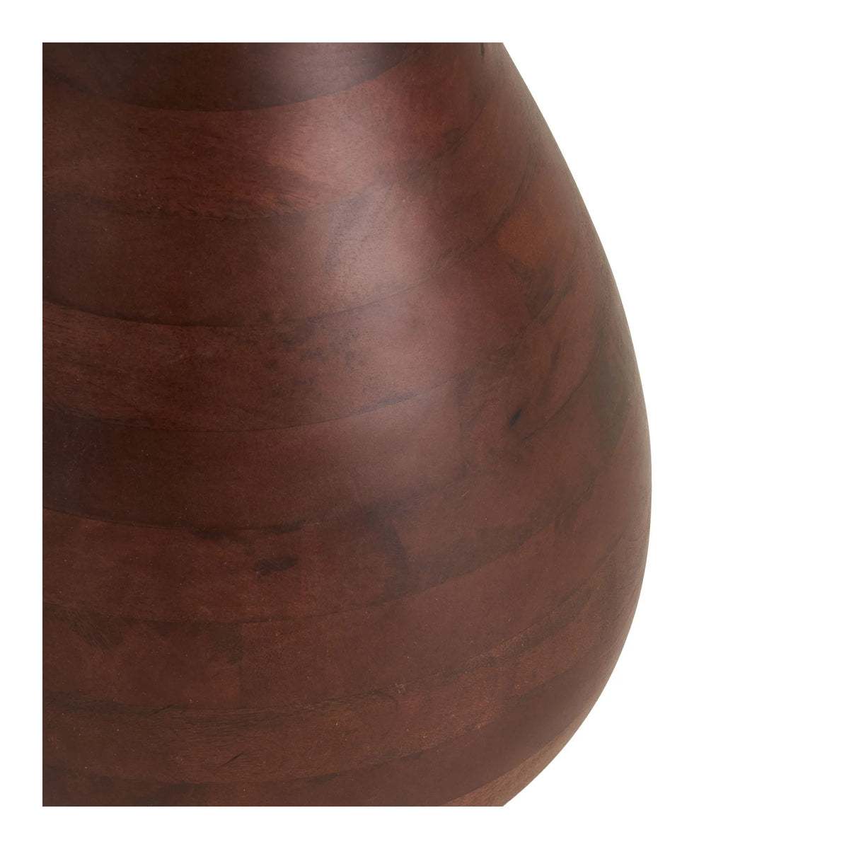 Vase en bois brun foncé riche, grain naturel visible, corps rond lisse