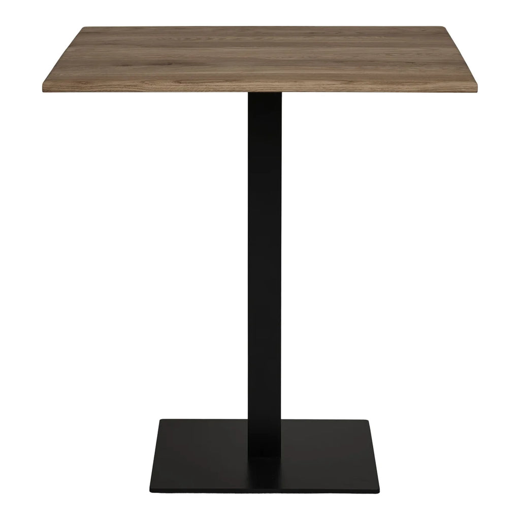 Table haute en chêne fumé 70x70 cm avec base métal noir