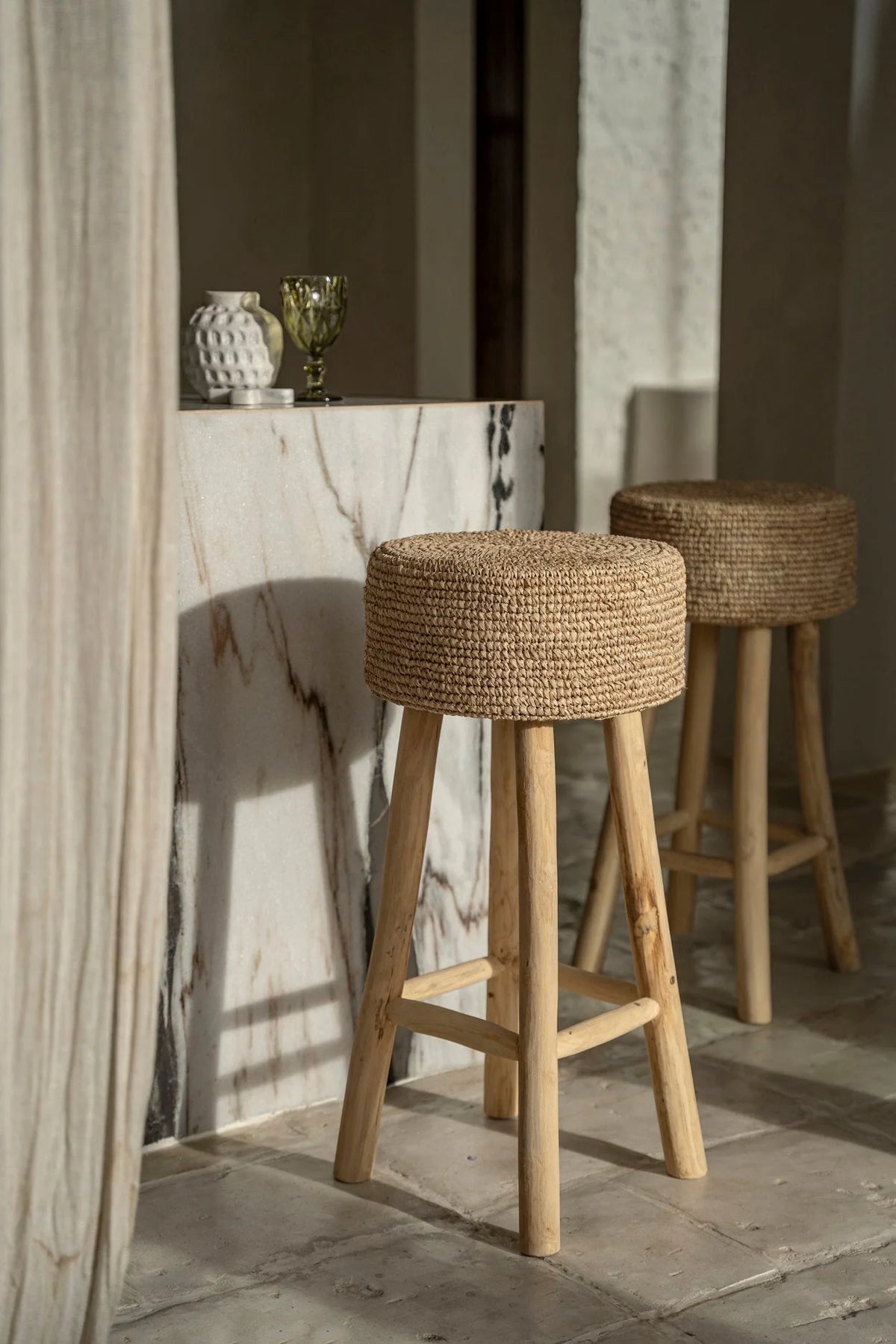 Tabouret de bar en raphia tressé – Naturel – H75 cm