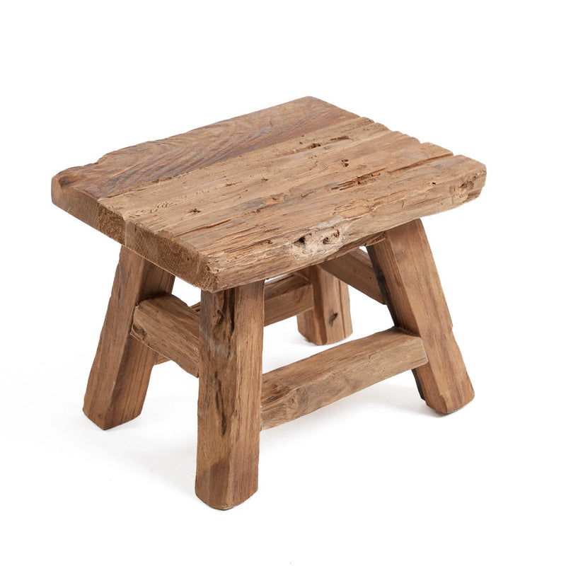 Tabouret bas rectangulaire en teck recyclé finition brute naturelle – 30x25 cm